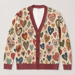 Colorful Hand-Drawn Heart Motifs for Romantic Everyday Layering and Creative Women All-over Print Knitted Cardigan