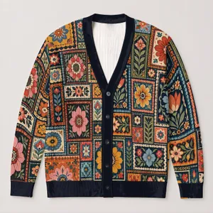 Women's Colorful Floral Square Motifs for Casual Layering and Boho Weekend Style All-over Print Knitted Cardigan