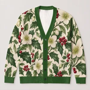 Green Holly Berry Floral Motif for Festive Layering and Everyday Holiday Wardrobes All-over Print Knitted Cardigan