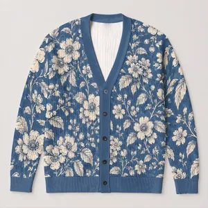 Blue Botanical Blooms for Relaxed Weekend Layering and Garden Strolls, Women’s Style All-over Print Knitted Cardigan