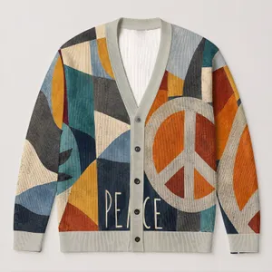 Color Block Peace Motif For Relaxed Spring Layering, Creative Everyday Wardrobe Style All-over Print Knitted Cardigan