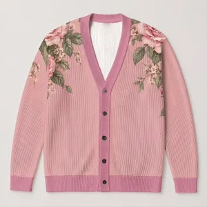 Vintage Pink Rose Floral Everyday Layering Style for Women, Romantic Boho Gift Idea All-over Print Knitted Cardigan
