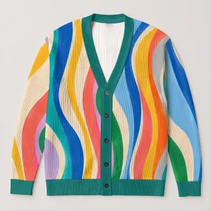 Rainbow Wave Stripes for Colorful Layering and Relaxed Weekend Streetwear Outfits All-over Print Knitted Cardigan