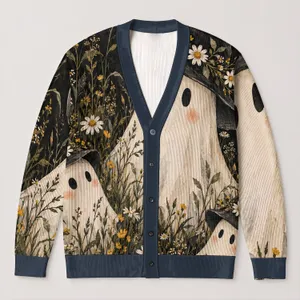 Whimsical Ghost Witch Daisies For Cozy Autumn Halloween Layering And Fall Outings All-over Print Knitted Cardigan