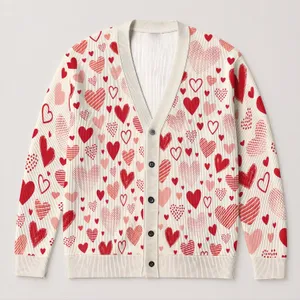Red Pink Heart Motif Valentine's Day Casual Layering For Women, Date Nights And More All-over Print Knitted Cardigan