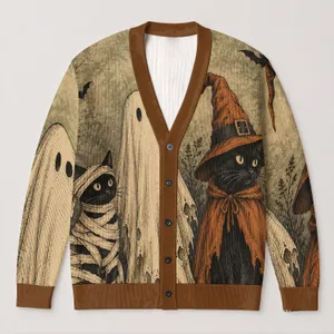 Halloween Black Cat Ghost Trio for Autumn Gatherings and Layering with Whimsical Charm All-over Print Knitted Cardigan