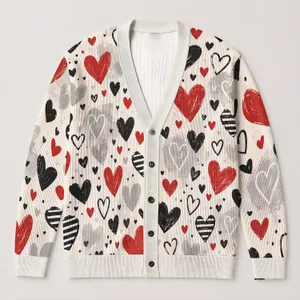 Red Black Heart Motif Valentine Style for Date Nights and Everyday Layering for Women All-over Print Knitted Cardigan