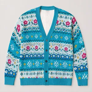 Turquoise Fair Isle Florals for Cozy Autumn Layering, Women’s Nordic Holiday Style All-over Print Knitted Cardigan