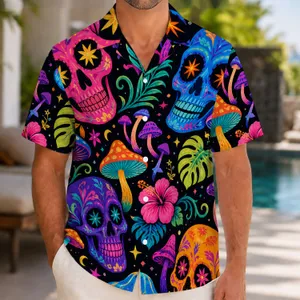 Neon Skull Mushroom Motifs for Festival Travel and Summer Beach Vacation Style Hawaiian Shirt