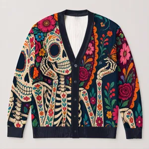 Colorful Sugar Skull Skeleton With Floral Fiesta Details For Halloween Fall Layering All-over Print Knitted Cardigan