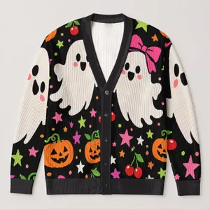 Cute Ghost Pumpkin Stars Halloween Autumn Layering Outfit Idea For Women And Teens All-over Print Knitted Cardigan