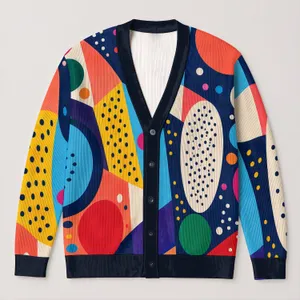 Colorful Abstract Geometric Circles For Casual Office Layering Women's Autumn Style All-over Print Knitted Cardigan