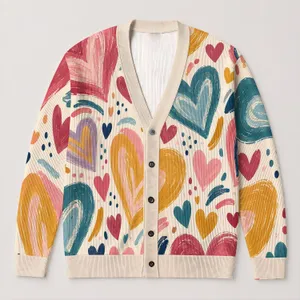 Hand-Painted Multicolor Hearts for Valentine Date Nights and Everyday Casual Outings All-over Print Knitted Cardigan