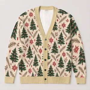 Evergreen Tree And Red Star Holiday Motif For Cozy Autumn Winter Layering At Home All-over Print Knitted Cardigan