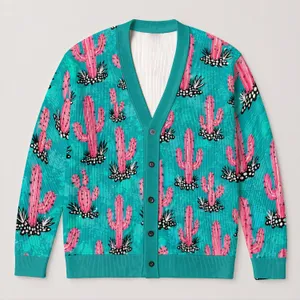 Pink Cactus Desert Motifs for Southwestern Everyday Layering, Vacation Style for Women All-over Print Knitted Cardigan