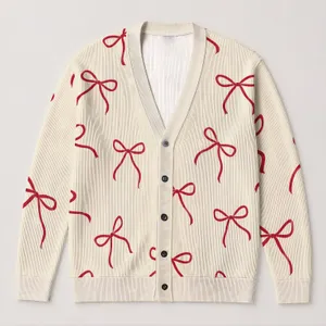 Red Bow Ribbon Motifs for Cozy Office Layering and Everyday Winter Style for Women All-over Print Knitted Cardigan