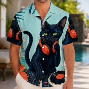 Retro Black Cat DJ Headphones for Beach Parties, Summer Travel, and Music Lovers Hawaiian Shirt