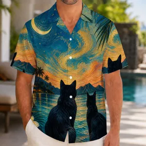 Black Cat Starlit Lagoon Scene for Beach Getaways, Summer Vacation, and Cat Lovers Hawaiian Shirt