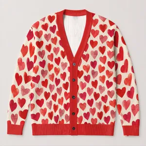 Red Heart Motif Layering Essential for Valentine's Day and Cozy Everyday Wear for Women All-over Print Knitted Cardigan