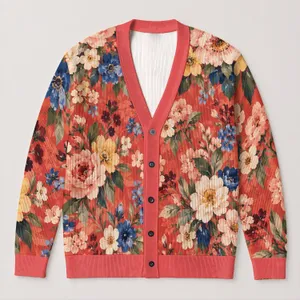 Coral Floral Bouquet Motifs For Romantic Autumn Layering And Everyday Women's Style All-over Print Knitted Cardigan