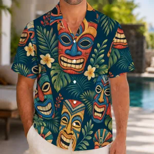 Tiki Mask Jungle Faces for Beach Vacations, Luau Nights, and Island Getaways for Men Hawaiian Shirt
