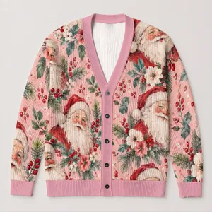 Santa Claus Pink Holiday Botanical Style for Festive Layering and Christmas Gatherings All-over Print Knitted Cardigan