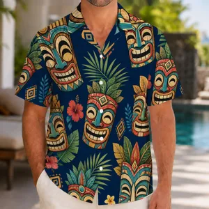 Colorful Tiki Masks And Hibiscus For Beach Vacations, Luau Parties, And Island Men Hawaiian Shirt