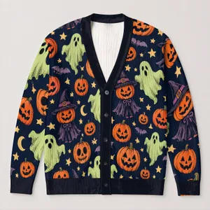 Halloween Ghost Pumpkin And Skull Motifs For Autumn Parties And Cozy Seasonal Layering All-over Print Knitted Cardigan
