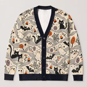 Halloween Ghosts, Black Cats and Candy Corn for Cozy Autumn Layering at Home or Out All-over Print Knitted Cardigan