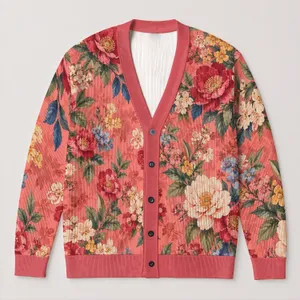 Bright Coral Floral Blooms for Spring Layering and Semi-Formal Days for Women’s Everyday Wear All-over Print Knitted Cardigan