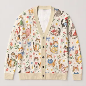 Whimsical Dressed-Up Cat Motifs For Cozy Autumn Layering, Playful Animal Lover Gift All-over Print Knitted Cardigan