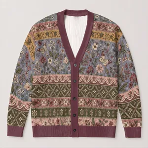 Vintage Floral Botanical Bands for Relaxed Spring Layering, Women’s Everyday Style All-over Print Knitted Cardigan