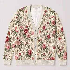 Rose Bouquet Motifs for Relaxed Autumn Layering, Women's Romantic Cottage Style Wear All-over Print Knitted Cardigan
