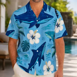 Coconut Tree Sharks for Beach Vacation Style, Tropical Surf Gift for Men, Ocean Blue Hawaiian Shirt