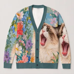 Yawning Cat Floral Color Burst for Relaxed Everyday Layering, Colorful Animal Lover Gift All-over Print Knitted Cardigan