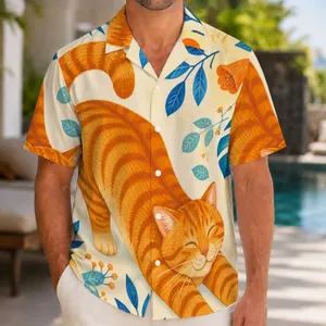 Orange Tabby Cat And Blue Botanicals For Beach Vacations And Summer Getaways Hawaiian Shirt