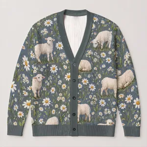 Sheep And Daisy Meadow Motif For Cozy Fall Layering And Countryside Weekend Style All-over Print Knitted Cardigan