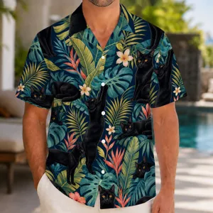 Black Cat Tropical Jungle Foliage for Beach Holidays, Summer Travel and Vacations Hawaiian Shirt