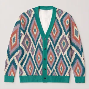 Geometric Diamond Teal and Mauve Layering Style for Everyday Casual Women's Wear All-over Print Knitted Cardigan