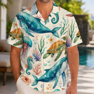 Whale Sea Turtle Seahorse Ocean Scene for Beach Vacations and Summer Travel for Men Hawaiian Shirt