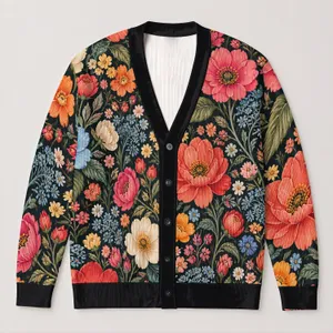 Colorful Floral Botanicals for Artistic Autumn Layering and Everyday Women’s Style All-over Print Knitted Cardigan