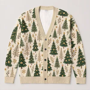 Evergreen Tree Holiday Motif For Cozy Winter Layering, Women's Festive Everyday Style All-over Print Knitted Cardigan