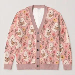 Cute Reading Ghosts And Wildflowers For Cozy Autumn Days, Gift For Book Lovers Everywhere All-over Print Knitted Cardigan