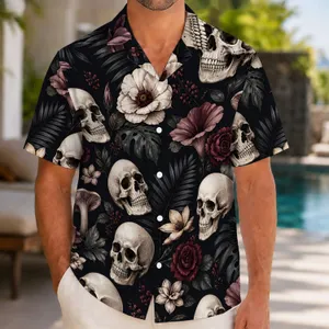 Skull And Crimson Floral Motifs For Beach Nights, Festivals, And Alternative Style Men Hawaiian Shirt