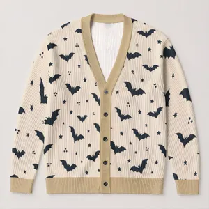 Bat And Star Motifs For Autumn Layering, Gothic Night Style For Everyday Women's Wear All-over Print Knitted Cardigan