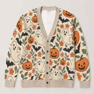 Pumpkins, Bats, and Friendly Ghosts for Cozy Halloween Layering for Women and Girls All-over Print Knitted Cardigan