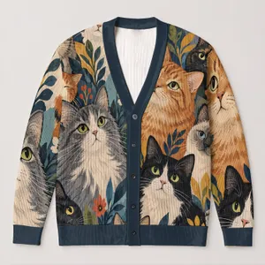 Colorful Cat Faces for Cozy Everyday Layering and Playful Weekend Outings at Home All-over Print Knitted Cardigan