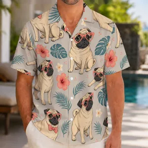 Playful Pug Dogs With Pink Glasses And Bow Ties For Sunny Beach Vacations, Dog Lovers Hawaiian Shirt