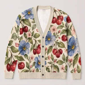 Cherry And Blue Floral Motifs For Autumn Layering, Relaxed Everyday Women's Style All-over Print Knitted Cardigan