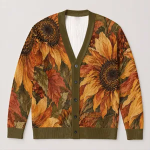 Sunflower Autumn Botanical Motifs for Cozy Fall Layering and Everyday Women's Style All-over Print Knitted Cardigan